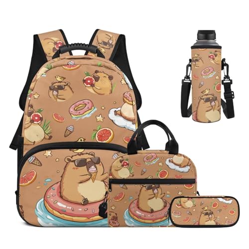 17 Inch Kid's 4PCS Backpack Set, Back to School Essentials | Insulated lunch box, water bottle pouch, pencil case, lightweight, padded shoulder straps, for elementary, middle school - color: Cute Capybara
