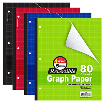 BAZIC PRODUCTS Quad-Ruled Wireless Notebook, Reversible 4/5 Grid, 80 Ct | 80 sheets; reversible 4-sq and 5-sq per inch grid; 8.5 x 11 in; Glue-bound flat spine; 80 C