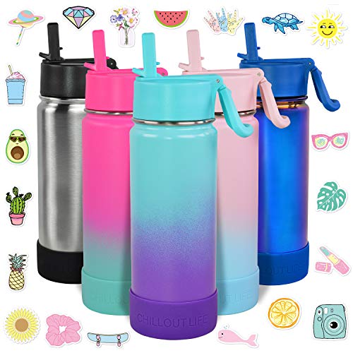 CHILLOUT LIFE 17oz Kids Insulated Stainless Steel Water Bottle with Leak Proof Straw Lid & 144 Stickers - color: Caribbean Lily, style: 17 oz