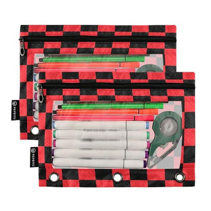 Crimson Chessboard Binder Pouches 3 Ring for Boys Girls School Office College Supplies DarkRed Buffalo Plaid Black Pencil Pouches Case Bag with Clear Window and Zipper 2 Pack - color: Crimson