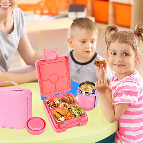 Pawtong Bento Lunch Box Set With 10oz Soup Thermo, Leak-proof Lunch Containers with 4 Compartment, Kids Hot Thermo Food Jar/Insulation Lunch Bag, Food Containers for School（Solid） - color: Pink