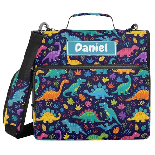 Custom Dinosaurs Leaves Black Print 3 Ring Zipper Binder with Shoulder Strap & Handle 1.5 Inch D-Ring Zippered Bag with Multiple Pocket, Personalized Binder Organizer for School or Office - color: Dinosaurs Leaves Black