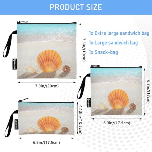 Reusable Food Storage Bags Beach Sea Shell 3 Pack Set Lunch Bag Compact Sandwich Snack Bag Small Medium Large for Lunch, Travel & Organization - color: Bag 21