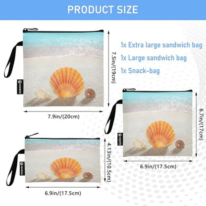 Reusable Food Storage Bags Beach Sea Shell 3 Pack Set Lunch Bag Compact Sandwich Snack Bag Small Medium Large for Lunch, Travel & Organization - color: Bag 21