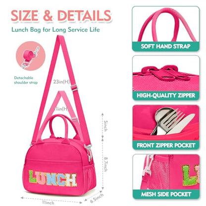 Lunch Bag for Girls and Women, Cute Preppy Lunch Bag with Chenille Letters, Insulated Large Capacity Lunch Tote with Detachable Strap for School, Work & Picnic, Rose Red - color: Rose Red