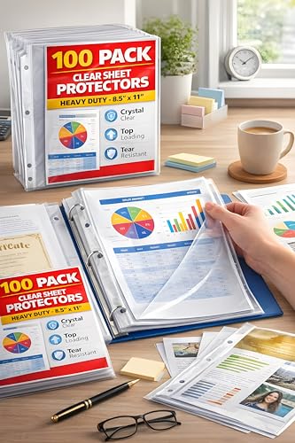 100 Pack Clear Sheet Protectors for 3 Ring Binder, Heavy Duty Plastic Sleeves 8.5 x 11, Top Loading Page Protectors for Documents, Photos & Paper, Letter Size