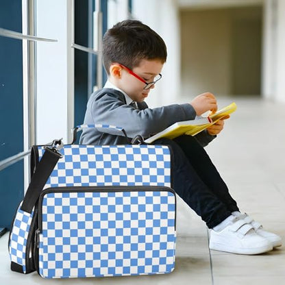 Light Blue White Checkered Binder Bag 3 Ring Zipper Binders with Shoulder Strap for School Office Organizer Storage - color: Q017