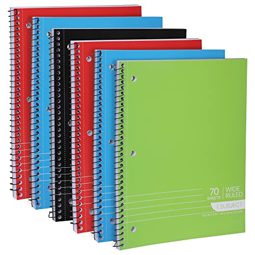 Manaloom Spiral Notebooks, 1-Subject Notebook, Wide Ruled Notebooks - 70 Sheets - 3 Hole Punched, Subject Notebooks for School Classroom, Home, Office - Perforated Pages, Assorted Colors - (6 Pack) - style: 6 Pack