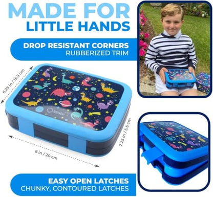 kinsho Kids Lunch Box - Bento Box for Boys Toddler Daycare, 4 Portion Sections with Lid, Snack Container Pre-School Kid Lunches Toddlers Removable Tray BPA Free, 3+ Years Old, Blue Rocket Dinosaur - color: Blue Rocket Dinosaur Bento