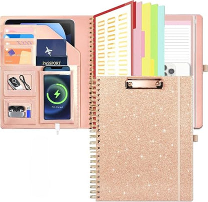 Foldable Spiral Clipboard Folio with Storage Zipper Pouch, 5 Plastic Folders with Pockets,Refillable Lined Notepad (8.5" x 11"), Hardcover Project Organizer with 36 Stickers - color: 2-rose Golden