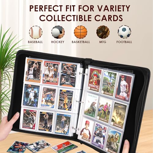 Trading Card Binder Album, PU Leather Baseball Card Binder with 900 Side Loading Pockets, Double Sided Pocket Zipper Card Binder for MTG, TCG, Game Cards, Sports Cards (Basketball) - color: Basketball