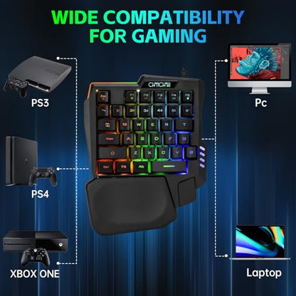 One Handed Gaming Keyboard and Mouse Combo for LOL/Wow/fortnite/Dota/PUBG | Half Mini RGB Keyboard, 35 Keys, Ergo Wrist Rest, LED 7200DPI CPI Customize Gaming Mouse, with USB Spilitter, Small Wired Set