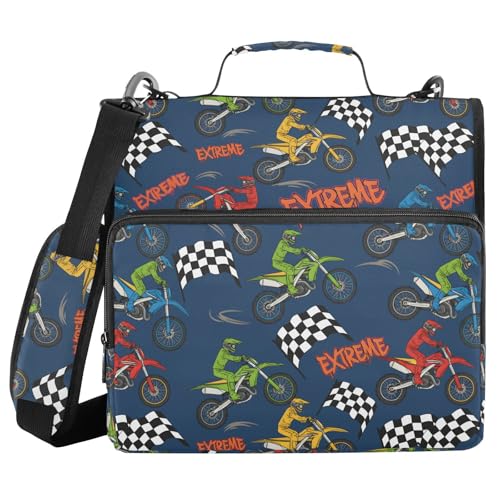 Motorcycles Blue Print 3 Ring Zipper Binder with Shoulder Strap & Handle 1.5 Inch D-Ring Zippered Bag with Pencil Pouch,Multiple Pocket & Expanding File Folder, Binder Organizer for School or Office - color: Motorcycles Riders Blue