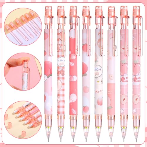 TIESOME 8 Pcs Kawaii Mechanical Pencils Set with Refill Leads & Erasers, 0.5mm/0.7mm Pink Cute Mechanical Pencils for School Office Supplies (Plastic)