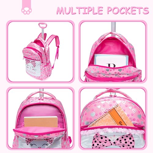 Rolling Backpack for Girls Rolling Backpack with Wheels Pink Backpacks for Girls Elementary Primary Students with Lunch Bag - color: Pink Cat