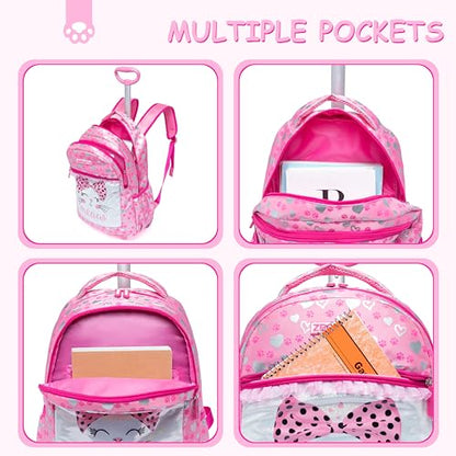 Rolling Backpack for Girls Rolling Backpack with Wheels Pink Backpacks for Girls Elementary Primary Students with Lunch Bag - color: Pink Cat