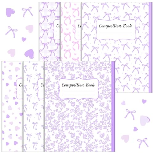 AmazingSpark 6 Pack Lefty Preppy Notebook Cute Bow Coquette Journal 7" x 9" College Wide Ruled 110 Pages Left Handed Aesthetic School Supplies Gifts for Teens Girls Women(Composition,Purple Bow) - color: Purple Bow, style: Composition