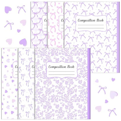 AmazingSpark 6 Pack Lefty Preppy Notebook Cute Bow Coquette Journal 7" x 9" College Wide Ruled 110 Pages Left Handed Aesthetic School Supplies Gifts for Teens Girls Women(Composition,Purple Bow) - color: Purple Bow, style: Composition