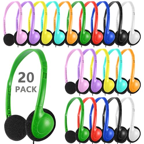 Classroom Headphones Bulk 20 Pack Multi Color for Kids School, Wholesale Children Adjustable Wired Earphones for Students Toddler Teens Boys Girls and Adult (LS04,20 Mixed) - color: Mixed Colors, size: 20 Pack