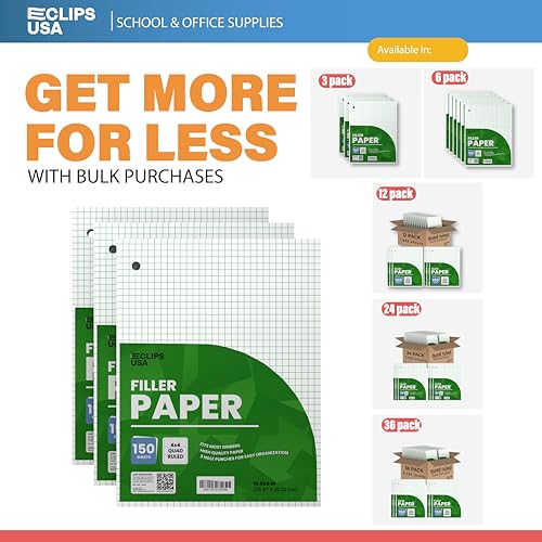 Graph Paper Loose Leaf Paper Quad Ruled Notebook Paper Quad Ruled 4” x 4” Square Lined Writing Filler Paper 10.5” x 8” 3600 Sheets 150 Sheets Per Pack 60 gsm (24 Pack) - size: 24 Pack