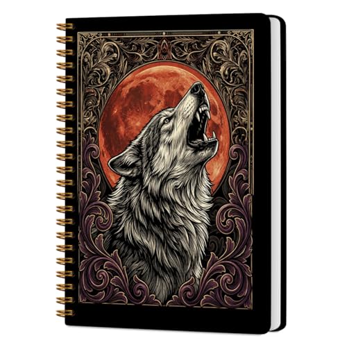 Journaling Notebooks for Women, Gray Wolf and Crimson Moon Notebook | Vintage Notebook Journal Gifts, A5 Lined Paper Spiral Journal Notebook Office Supplies Gifts for Men Birthday Graduation - color: Howling Wolf