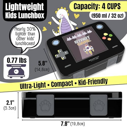 BEARFOOT Kids Lunch Box with Compartments – Compact & Lightweight | Leak-Proof, BPA-Free, Dishwasher Safe | Hand-Drawn Design for Preschool, School, Travel (Game Black, 4 Cups) | BPA Free Leakproof Lunch Box with Compartments School & Nursery for Girls &