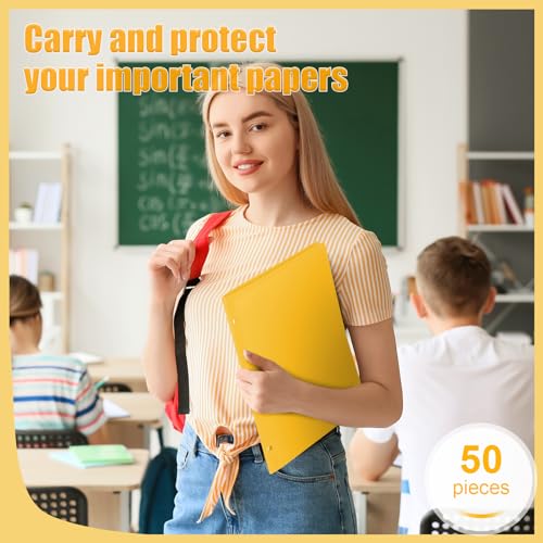 Yeaqee 50 Pcs Plastic Folders with Pockets Bulk 3 Hole Punched 2 Pocket File Folders for 3 Ring Binder Divider Folder for Notebooks, Durable Poly for Office Home (Yellow) - color: Yellow