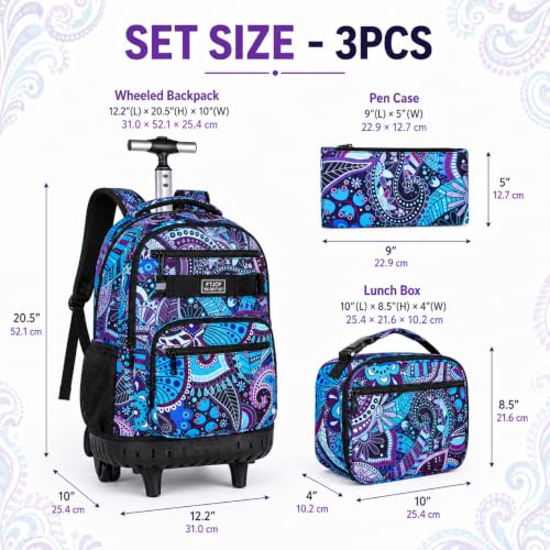 gxtvo Rolling Backpack for Women, Adults Wheeled Bookbag with Lunch Box for Girls, Water Resistant Roller School Bag for College Teens Kids Travel - Purple Flower - color: Purple Flower