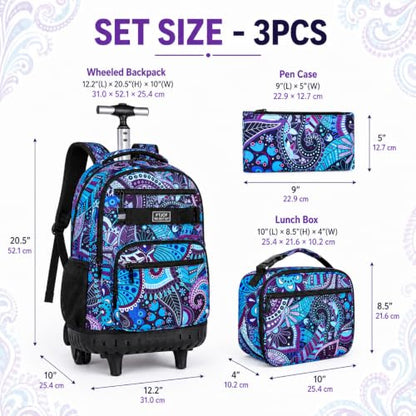 gxtvo Rolling Backpack for Women, Adults Wheeled Bookbag with Lunch Box for Girls, Water Resistant Roller School Bag for College Teens Kids Travel - Purple Flower - color: Purple Flower