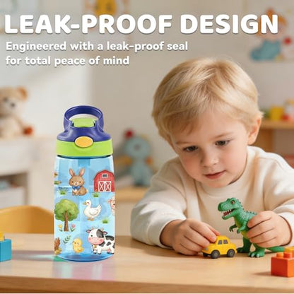 Farm Friends 14oz Water Bottle with Straw – Leakproof BPA-Free Plastic Pop-Up Spout, Reusable Leak-Proof Travel Bottle for Kids & Outdoor Sports - color: Farm1