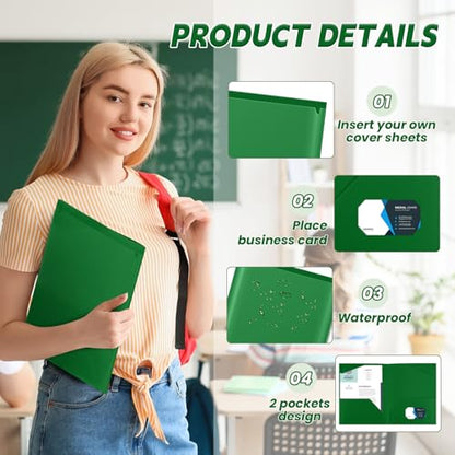 Henoyso 60 Pack Plastic Folders with Clear Front Pockets Bulk Heavy Duty File Folders with 2 Pockets and Card Slot for Student Teacher Back to School Supplies Office Presentation (Deep Green) - color: Dark Green