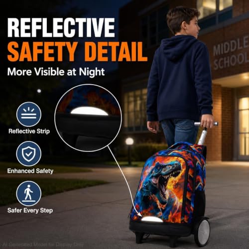 3Pcs Large Rolling Backpack for Boys, 20 Inch Detachable Wheeled Bookbag with Lunch Box, Durable Fire Dinosaur Roller Backpack for Elementary Middle School (Red) - color: Large Wheels Dinosaur Red