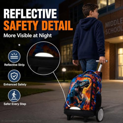 3Pcs Large Rolling Backpack for Boys, 20 Inch Detachable Wheeled Bookbag with Lunch Box, Durable Fire Dinosaur Roller Backpack for Elementary Middle School (Red) - color: Large Wheels Dinosaur Red