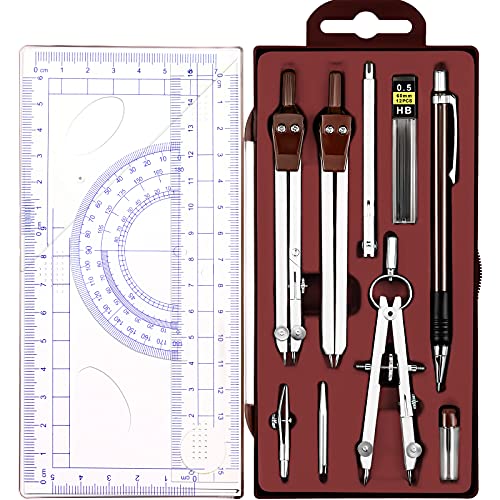 Outus 13 Pcs Geometry Set for Students Metal Compass Math Protractor with Rulers Mechanical Pencil Lead Refills Storage Box of Protractors Kit for School Class Student Drafting Drawing - color: Brown