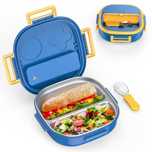 PEDECO Bento Box for Kids Stainless Steel - 2-Compartment - Complete Lunch Set with Portable Utensil - Ideal for Children Under 8 Years Old - Dishwasher Safe & BPA-Free(Blue) - color: Stainless Steel-2-Compartment(Blue), size: Big