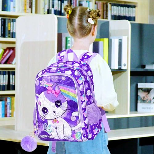 gxtvo 3PCS Girls Backpack, 16" Sequin Prechool Elementary Bookbag and Lunch Box - color: Sequins Girls Cat Backpack