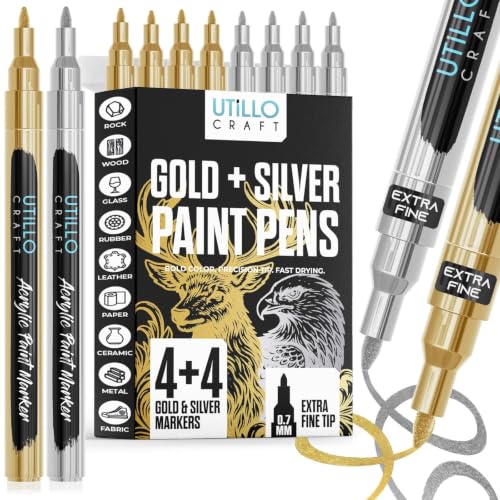Utillo Craft Gold and Silver Paint Pens (8-Pack) Extra Fine Paint Markers for Metal, Fabric, Wood, Glass, Paper, Plastic, Rock, Leather | Bold Color Permanent Silver Acrylic Paint Pen 0.7mm - color: Gold+Silver, style: Extra Fine 8PK