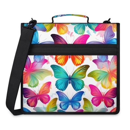 Rainbow Colorful Butterfly Zipper Binder, 3-Ring Binder with Handle Shoulder Strap, Multiple Pockets & Storage Organizer Case - color: Multicolor 2