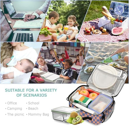 Custom Student Lunch Bag for Boys Girls Orange Blue Checkered Personalized Lunch Box With Name Insulated Cooler Bag for School Picnic Travel - color: Multi12