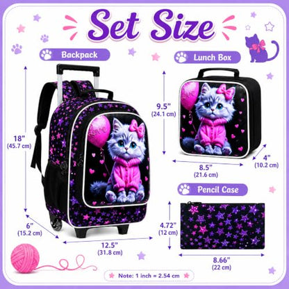 WZLVO 3PCS Wheeled Backpack, 18" Sparkling Cat Print Girls Rolling Backpack, Includes Matching Lunch Bag & Pencil Bag - Cat in Pink Dress (Purple) - color: 3PCS Girls Rolling Backpack - Cat in Pink Dress