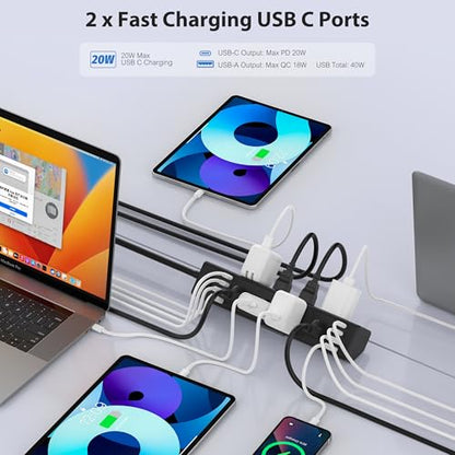 Jgstkcity Desk Clamp Power Strip 40W USB C,8-Outlet,8 USB,10FT,Black | 40W Fast Charging Station,4 USB-C,4 USB-A,Furniture Nightstand Edge Mount Surge Protector, Fits 1.9" Tabletop Edge - color: Black, size: 10FT Length