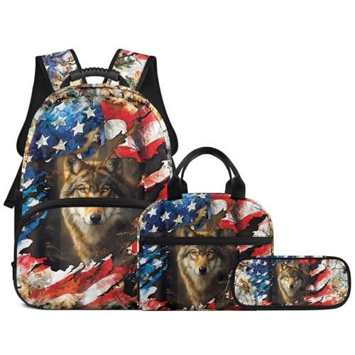 American Flag Wolf 3Pcs Teens Backpack Set 17 Inch Daypack 3 in 1 Lager Capacity School Bag with Lunch Bag and Pencil Case - color: American Flag Wolf