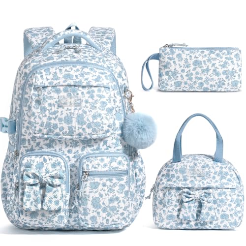 Fimibuke 3PCS Corduroy Backpack for School Girls with Lunch Box Pencil Case | Lightweight Teen Girls Bow backpack, Kids School Bag Bookbag for Elementary Middle High School Supplies Laptop Travel Daypack - color: Blue Floral Print