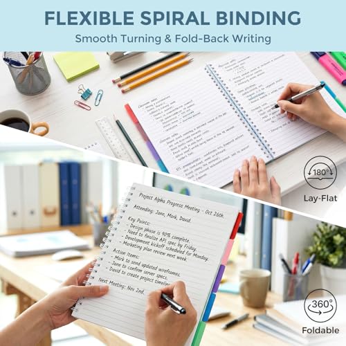 Subject Notebook Wide Ruled, 8.5x11inch Hardcover 5 Subject Lined Spiral Notebook with Dividers Tabs for School Note Taking Office Journal, 220 Pages, Black - color: Black