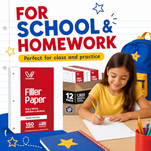Woodlake Loose Leaf Paper Bulk, Wide Ruled Notebook Paper, 8 x 10.5 Inch Filler Paper, 3-Hole Punched Lined Binder Paper, 60 GSM, 150 Sheets/Pack, 1,800 Sheets Total, Made in USA for School & Office - color: Wide Ruled, size: 12 PACK(1800 SHEETS)
