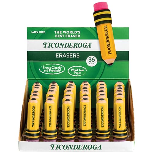 TICONDEROGA Erasers, Pencil Shaped, Yellow, 36-Pack (38936) - size: 36 Count, style: Yellow, 36 Count