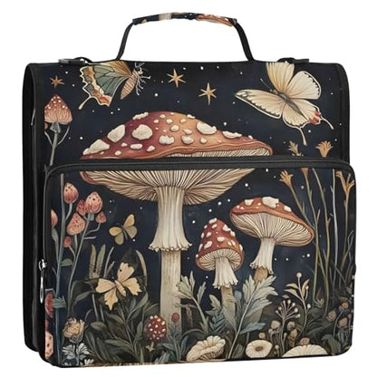 3 Ring Zipper Binder with Shoulder Strap Mushrooms Flowers Butterflies (2) 1.5 inch Binders Keeper Large Capacity Multi Pockets for School Office Supplies - color: Multi2464, size: Fit 500 Sheets