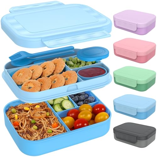 Caperci Bento Box for Kids - Stackable Leakproof Multiple Compartments 5.8 Cups Bento Lunch Box for Adults with Sauce Container - Idea for School, On-the-go, Built-in Utensil Set, BPA Free (Blue) - color: Blue