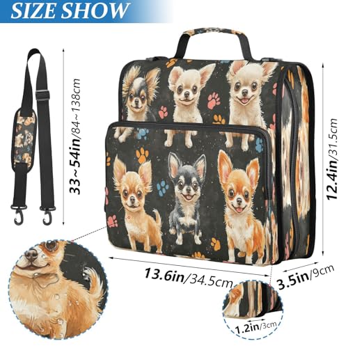 Boccsty Colorful Paw Prints Chihuahuas Dogs Zipper Binder 3 Ring Binders Expanding File Folder Multi-Pocket Zipper Binder Organizer for School Shoulder Strap and Handle