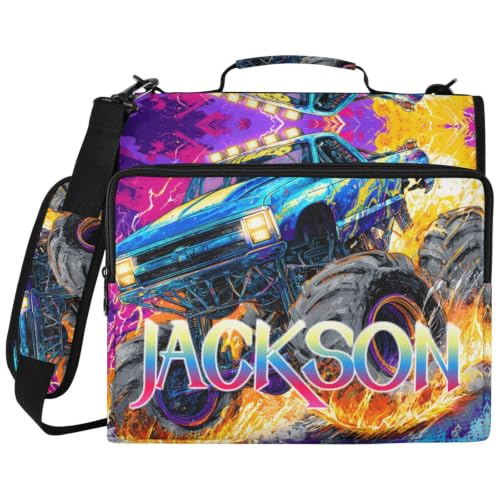 Custom Binder Bag Personalized Monster Truck 3 Ring Zipper Binder Bag with Laptop Pockets and Shoulder Strap Tote Binders Organizer Case for School Office - color: Custom Monster Truck